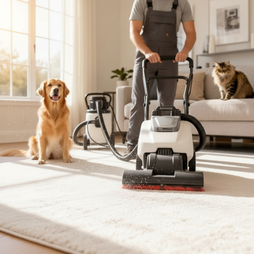Happy dog and cat relaxing on a freshly cleaned carpet in a bright living room